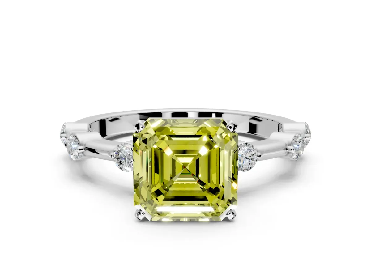 Solitaire Engagement Ring Setting for Fancy Yellow Asscher Cut Center with Bezel Station Band and Prong Head in Sterling Silver