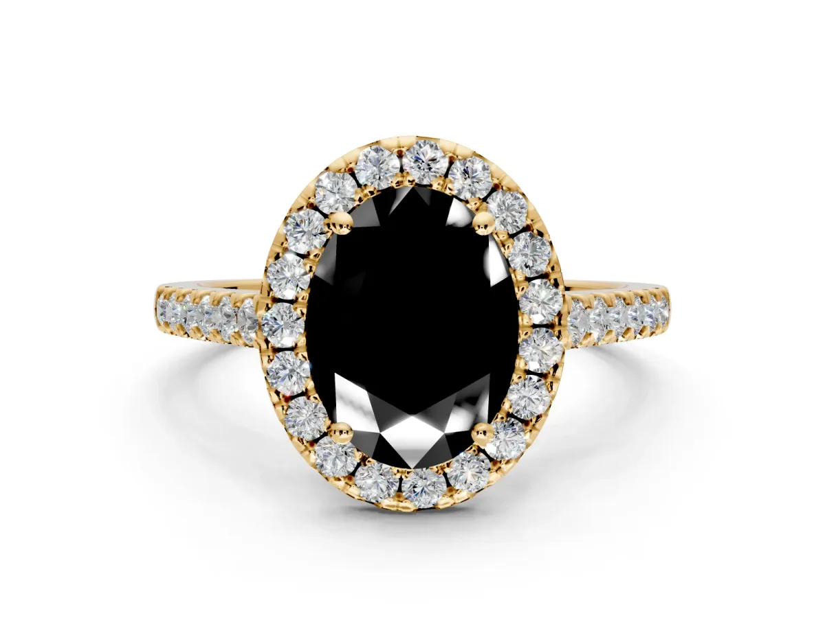 Halo Engagement Ring Setting for Fancy Black Oval Center with Narrowing Pave Band and Prong Head in Yellow Gold