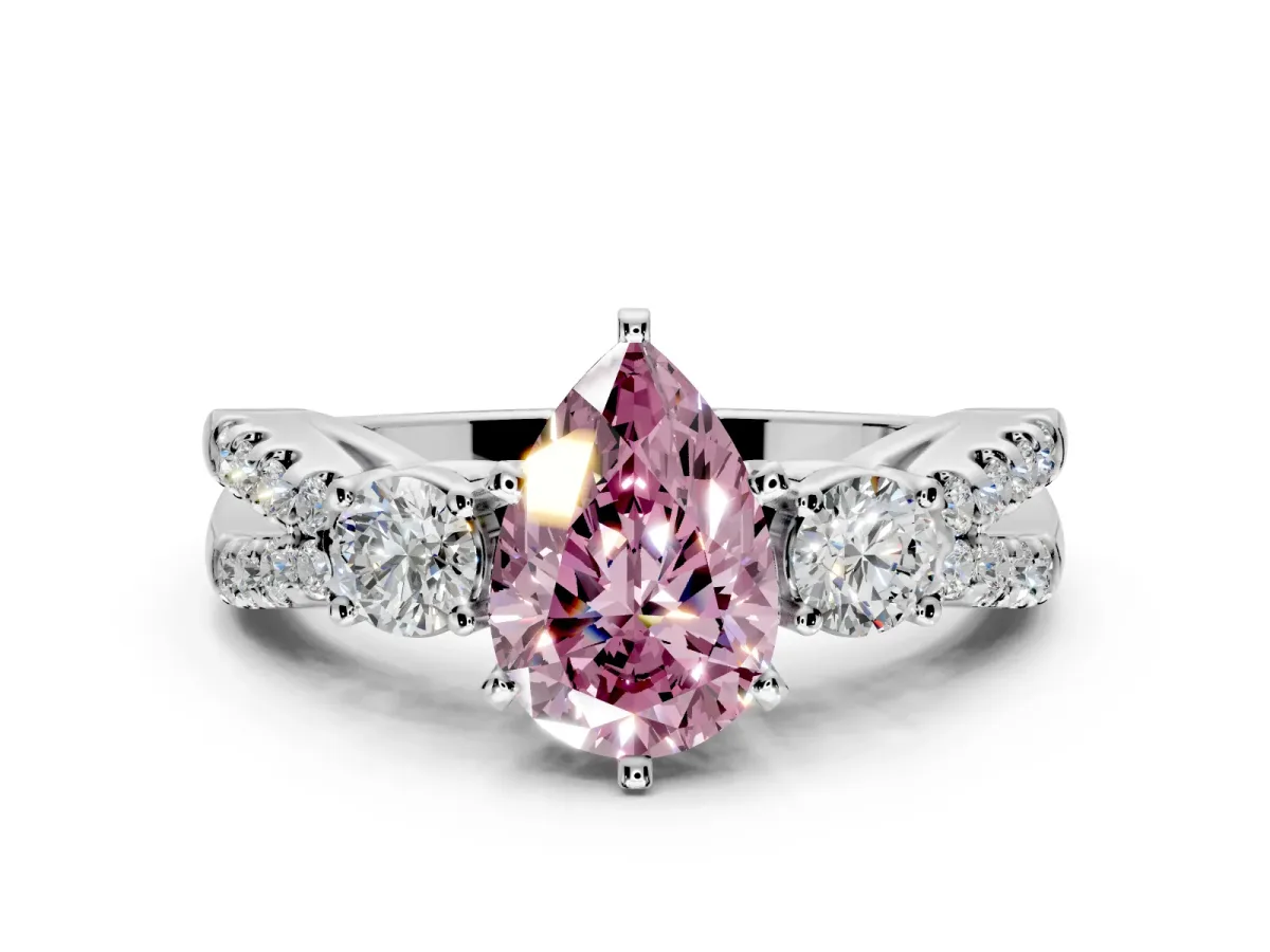 3 Stone Engagement Ring Setting for Fancy Pink Pear-Shaped Center with Pave Split Shank and Prong Head in Platinum