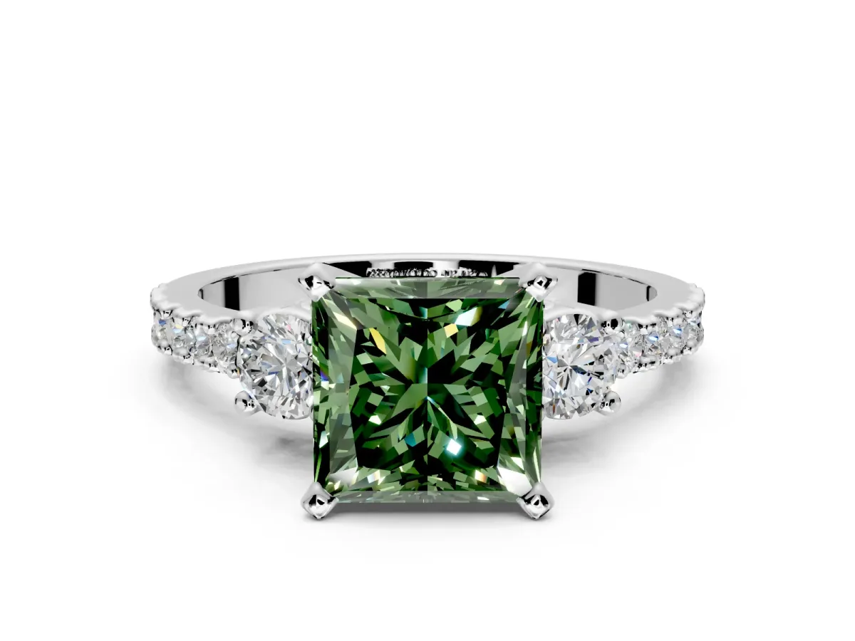 3 Stone Engagement Ring Setting for Fancy Green Princess Cut Center with Round Cut Side Accents and Prong Head in Sterling Silver