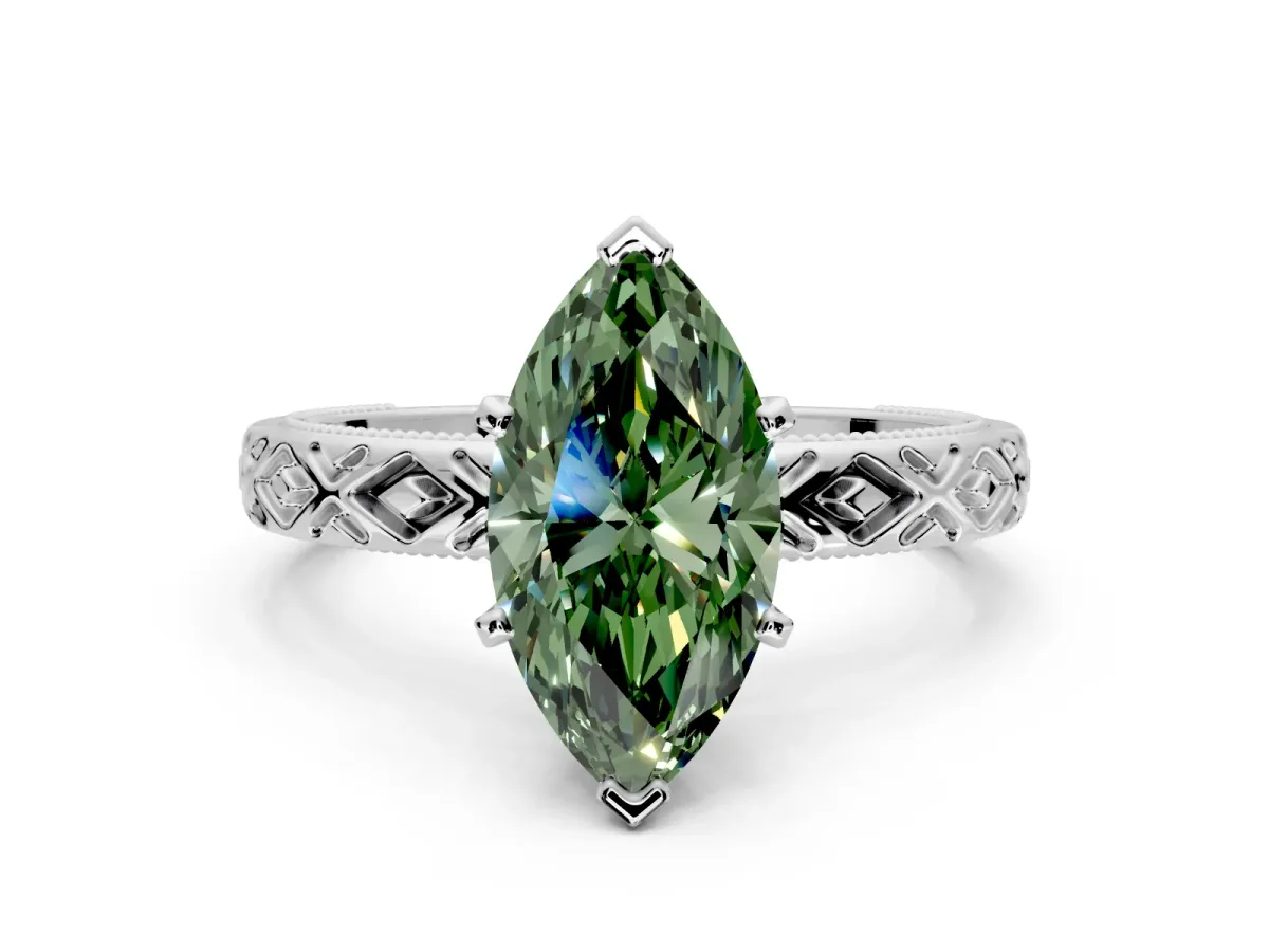 Solitaire Engagement Ring Setting for Fancy Green Marquise Center with Milgrain X Pattern Band and Prong Head in Platinum