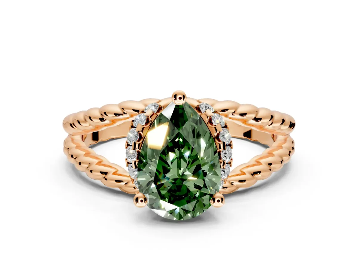 Halo Engagement Ring Setting for Fancy Green Pear-Shaped Center with Rope Twist Split Shank and Prong Head in Rose Gold
