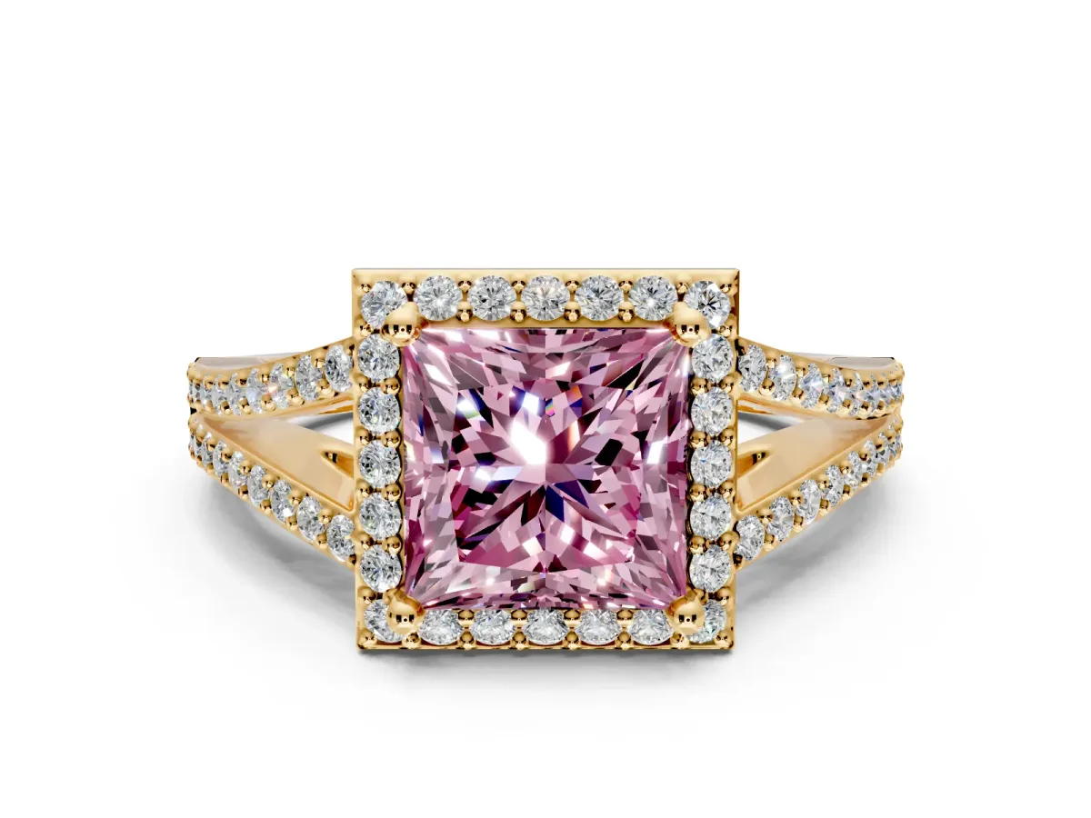 Halo Engagement Ring Setting for Fancy Pink Princess Cut Center with Pave Split Shank and Prong Head in Yellow Gold