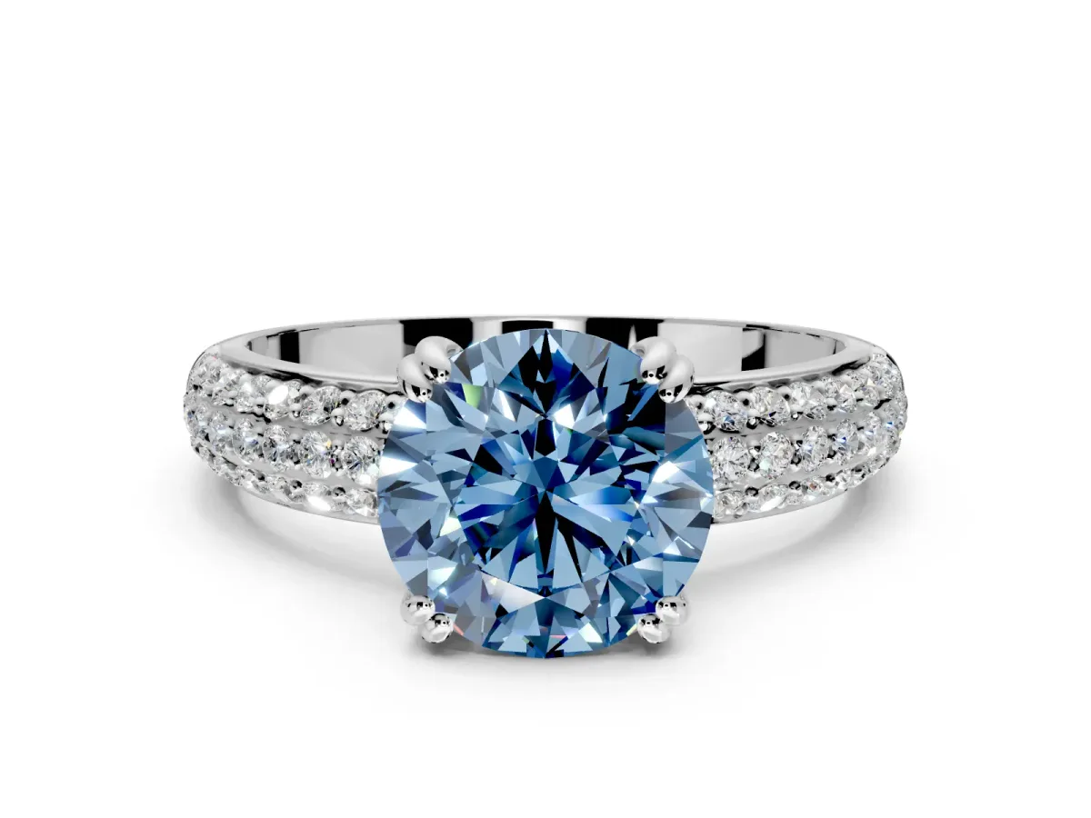 Solitaire Engagement Ring Setting for Fancy Blue Round Cut Center with Multi-Row Pave Accents and Basket Head in White Gold