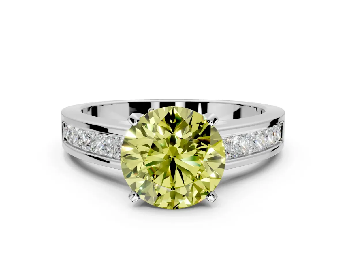 Solitaire Engagement Ring Setting for Fancy Yellow Round Cut Center with Princess Cut Channel Band and Prong Head in White Gold