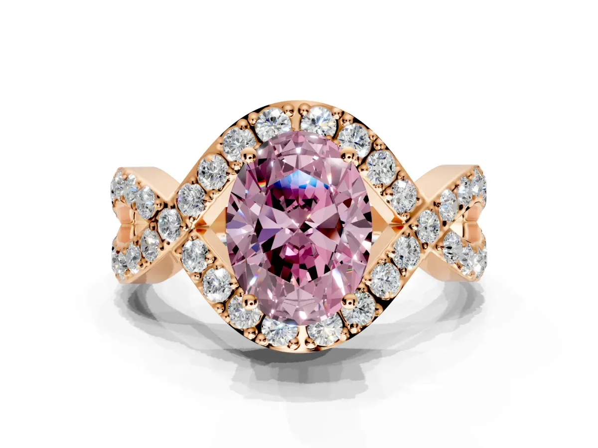 Halo Engagement Ring Setting for Fancy Pink Oval Center with Pave Infinity Twist Band and Prong Head in Rose Gold