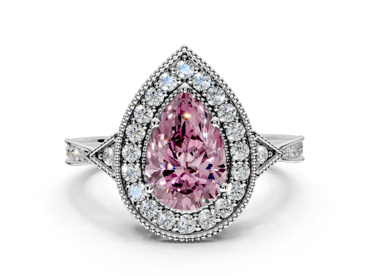 Halo Engagement Ring Setting for Fancy Pink Pear-Shaped Center with Milgrain Rim, Pave Band and Prong Head in Sterling Silver
