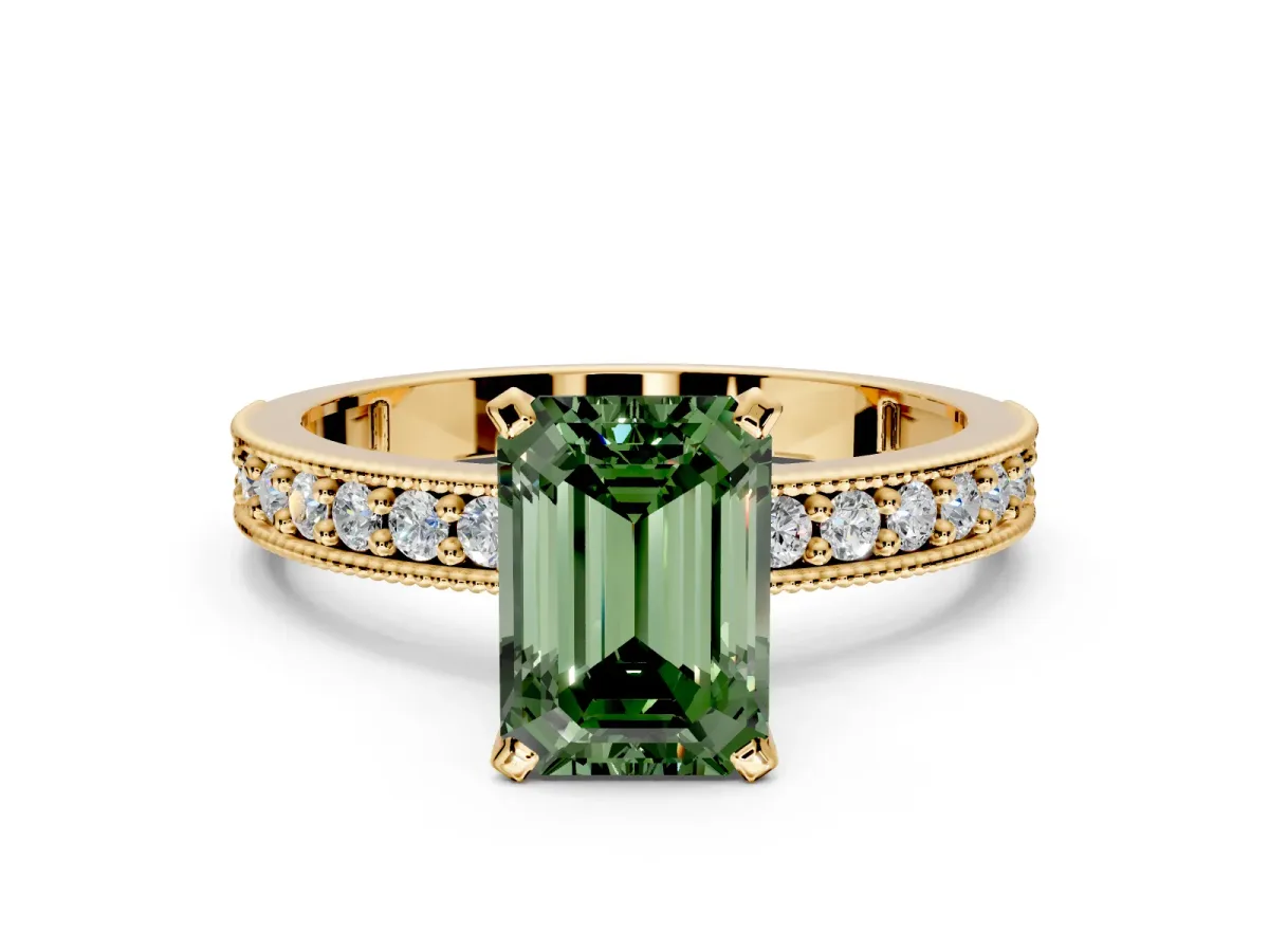 Milgrain Pave Engagement Ring Setting for Fancy Green Emerald Cut Center with Accent Band and Prong Head in Yellow Gold