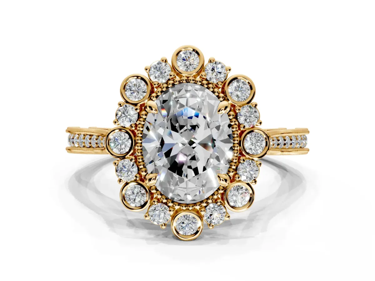 Milgrain Halo Engagement Ring Setting for Oval Center with Bezel Point Accents and Prong Head in Yellow Gold