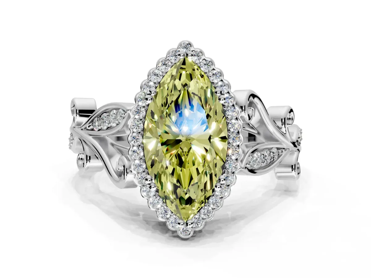 Halo Engagement Ring Setting for Fancy Yellow Marquise Center with Leaf Motif Split Shank and Prong Head in Platinum