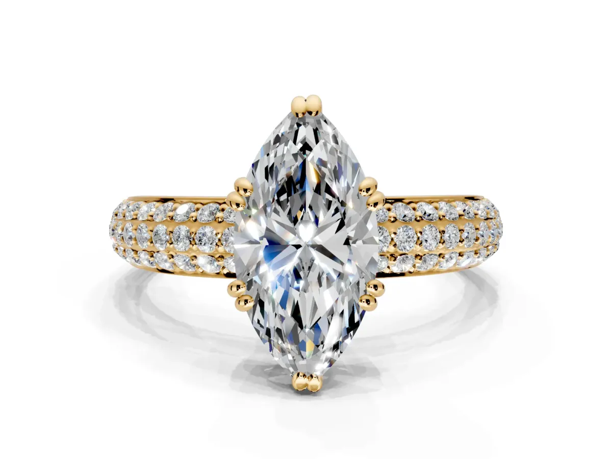 Solitaire Engagement Ring Setting for Marquise Center with Multi-Row Pave Accents and Basket Head in Yellow Gold