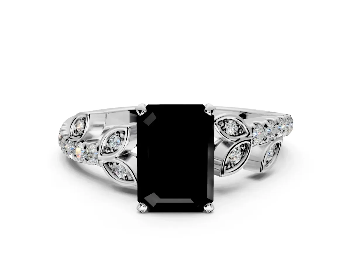 Leaf Motif Engagement Ring Setting for Fancy Black Emerald Cut Center with Pave Band and Prong Head in Sterling Silver