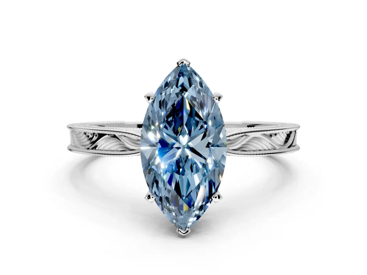 Solitaire Engagement Ring Setting for Fancy Blue Marquise Center with Engraved Milgrain Band and Prong Head in Platinum