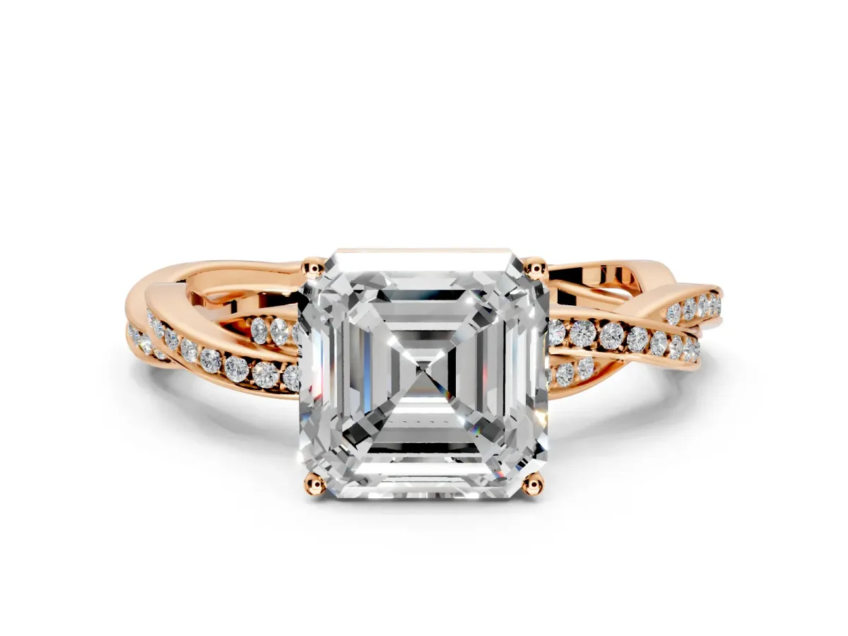 Solitaire Engagement Ring Setting for Asscher Cut Center with Twisted Pave Band and Prong Head in Rose Gold