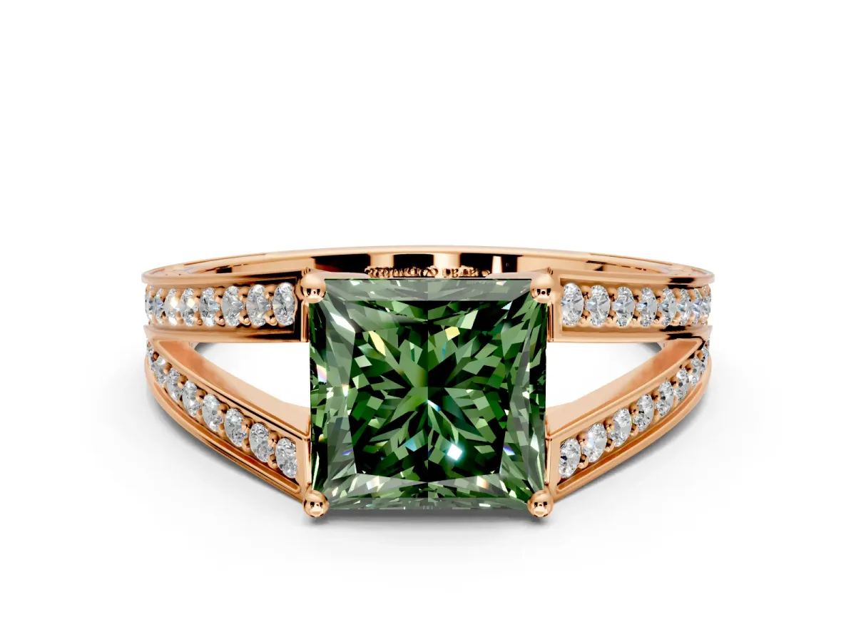 Split Shank Engagement Ring Setting for Fancy Green Princess Cut Center with Pave Split Shank and Prong Head in Rose Gold