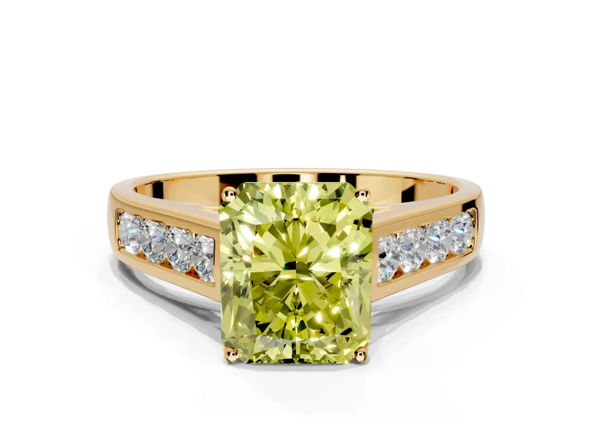 Solitaire Engagement Ring Setting for Fancy Yellow Radiant Cut Center with Round Cut Channel Band and Prong Head in Yellow Gold