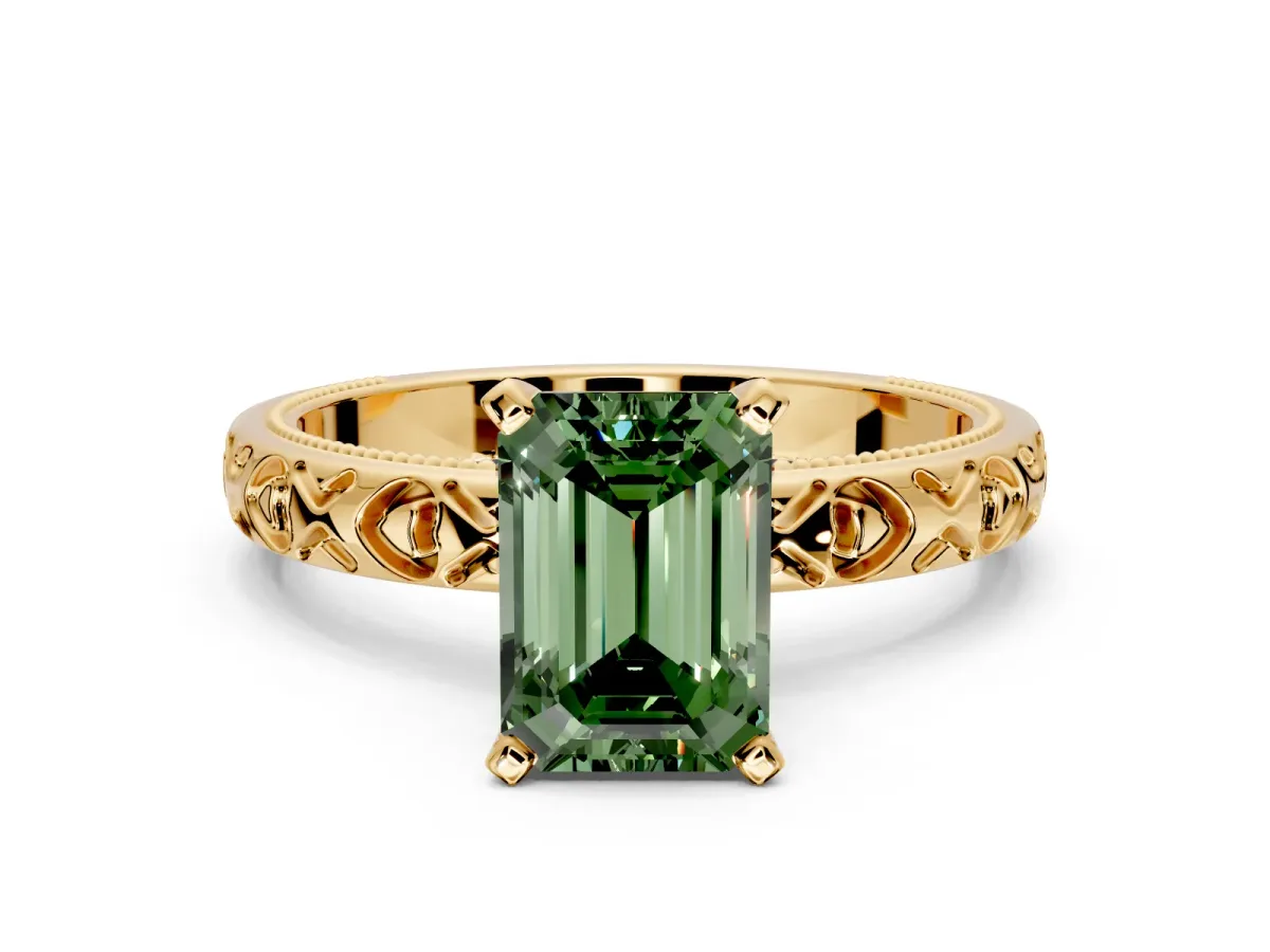 Solitaire Engagement Ring Setting for Fancy Green Emerald Cut Center with XO Engraved Band and Prong Head in Yellow Gold