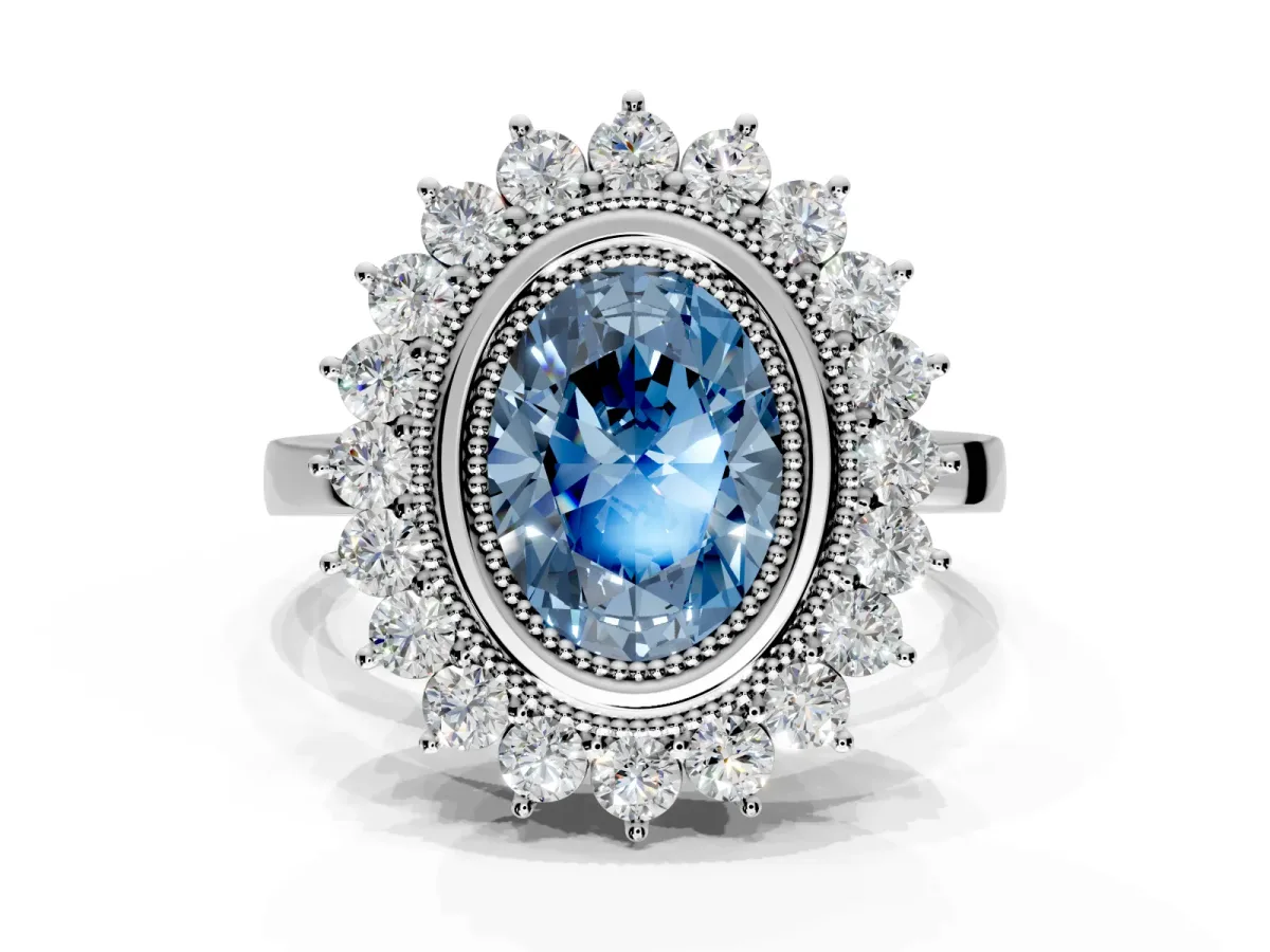 Halo Engagement Ring Setting for Fancy Blue Oval Center with Milgrain Bezel Rim, Plain Band and Prong Head in Platinum