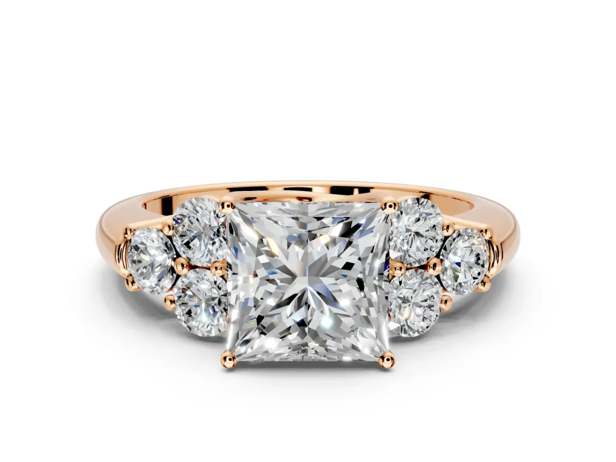 Cluster Engagement Ring Setting for Princess Cut Center with Round Cut Accent Frame and Prong Head in Rose Gold