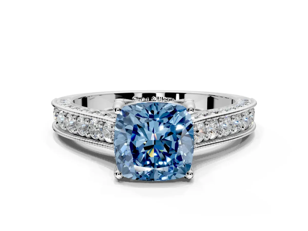 Solitaire Engagement Ring Setting for Fancy Blue Cushion Cut Center with Milgrain-Framed Pave Band and Prong Head in Platinum