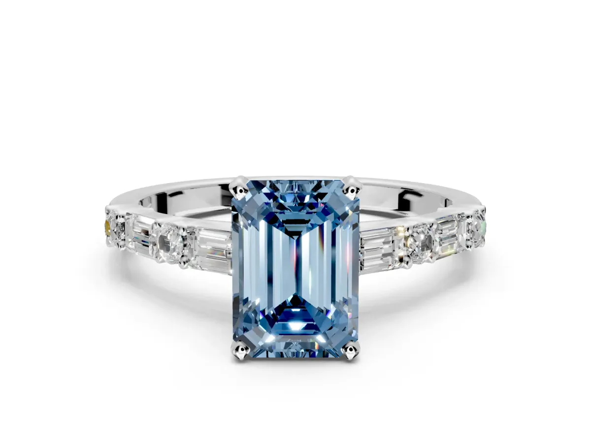 Baguette Engagement Ring Setting for Fancy Blue Emerald Cut Center with Alternating Bar-Set Band and Prong Head in Sterling Silver