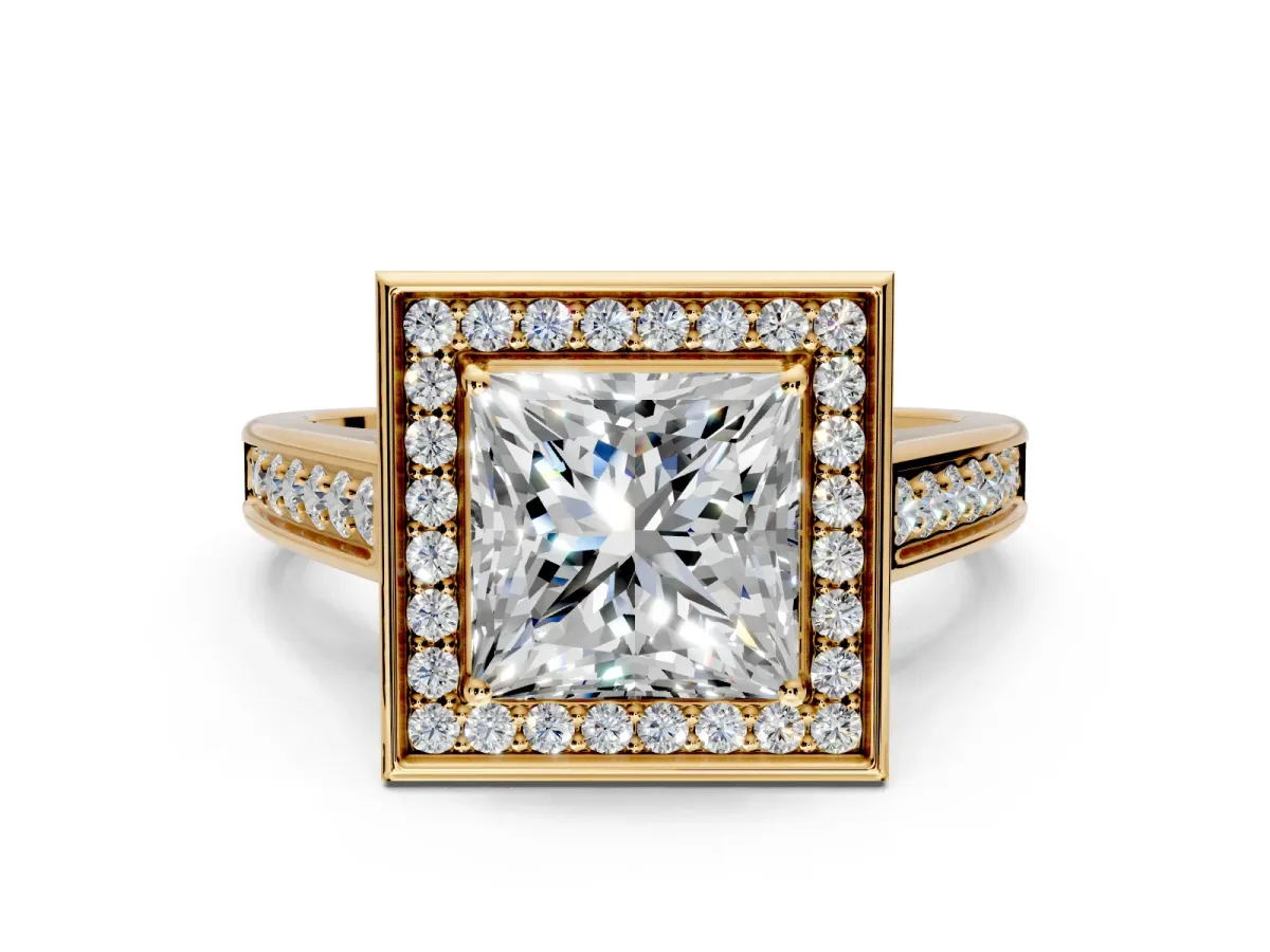 Halo Engagement Ring Setting for Princess Cut Center with Outer Bezel Rim, Pave Band and Prong Head in Yellow Gold