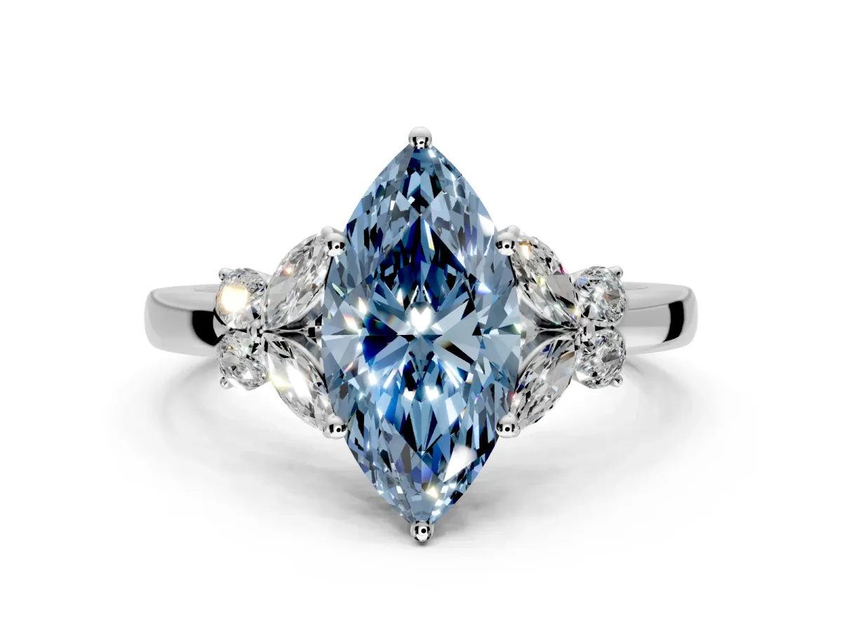 Solitaire Engagement Ring Setting for Fancy Blue Marquise Center with Marquise Flower Shoulders and Prong Head in Platinum