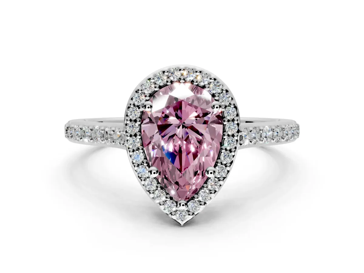Halo Engagement Ring Setting for Fancy Pink Pear-Shaped Center with Pave Accents, Heart Basket and Prong Head in White Gold