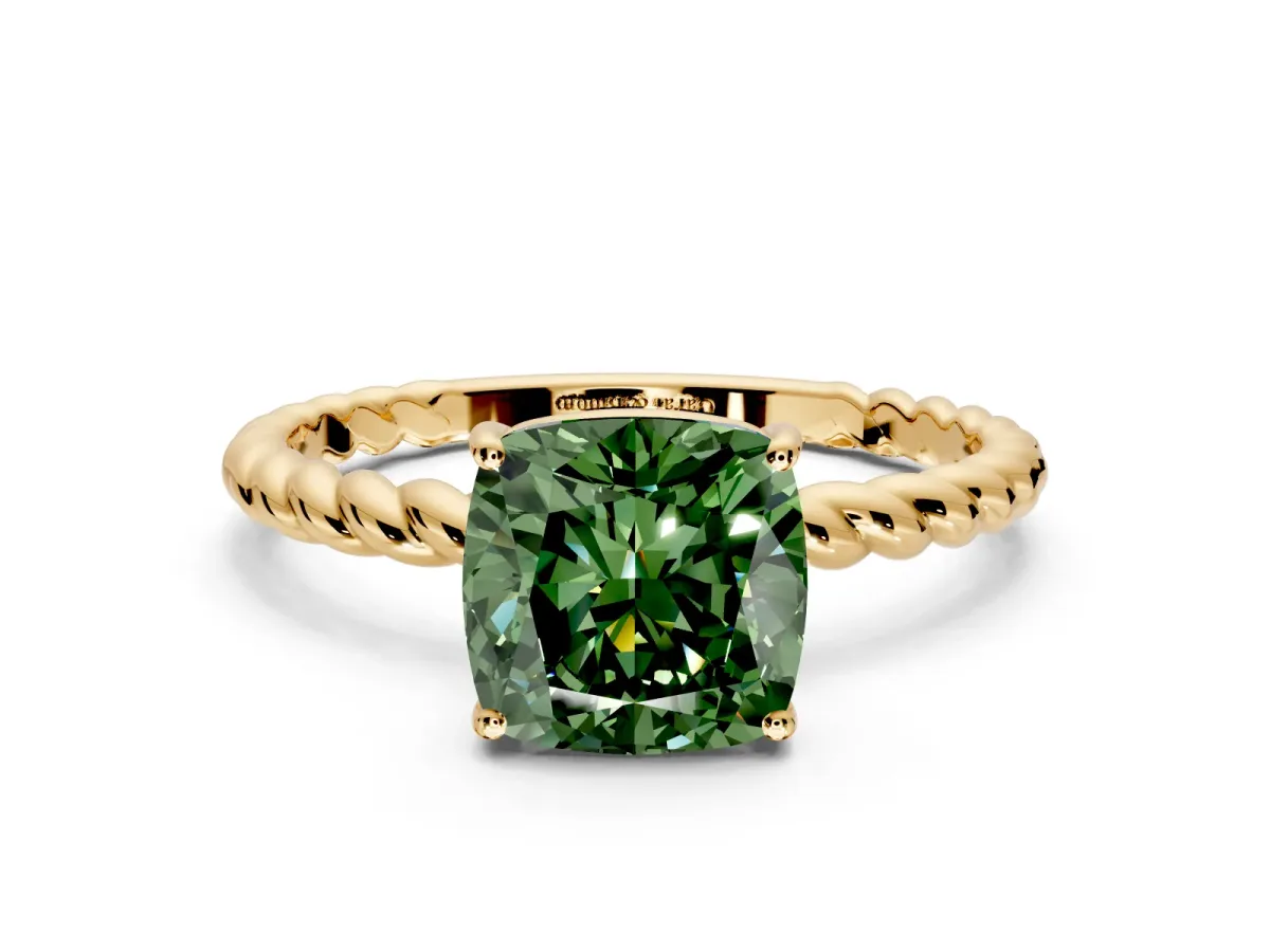 Solitaire Engagement Ring Setting for Fancy Green Cushion Cut Center with Plain Twisted Rope Band and Prong Head in Yellow Gold