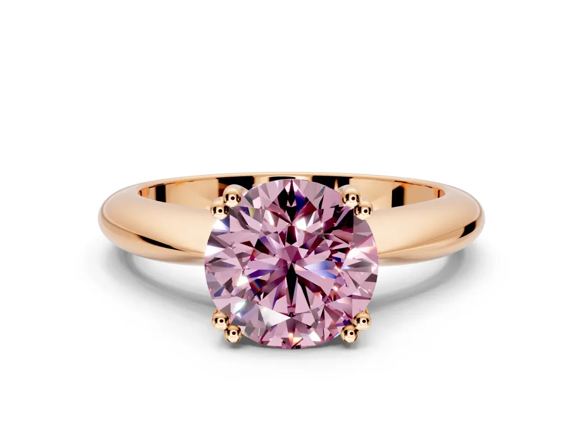 Solitaire Engagement Ring Setting for Fancy Pink Round Cut Center with Reverse Tapered Band and Prong Head in Rose Gold