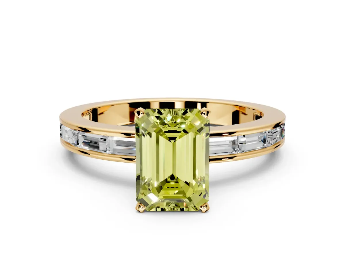 Solitaire Engagement Ring Setting for Fancy Yellow Emerald Cut Center with Channel Baguette Band and Prong Head in Yellow Gold
