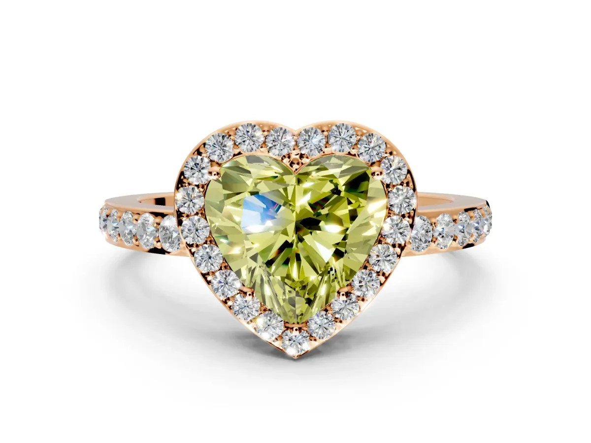 Halo Engagement Ring Setting for Fancy Yellow Heart-Shaped Center with Heart-Shaped Openwork, Pave Band and Prong Head in Rose Gold