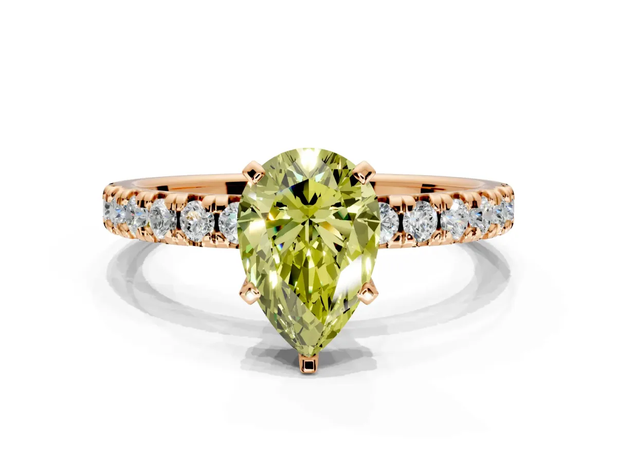 Solitaire Engagement Ring Setting for Fancy Yellow Pear-Shaped Center with Large Accents and Prong Head in Rose Gold