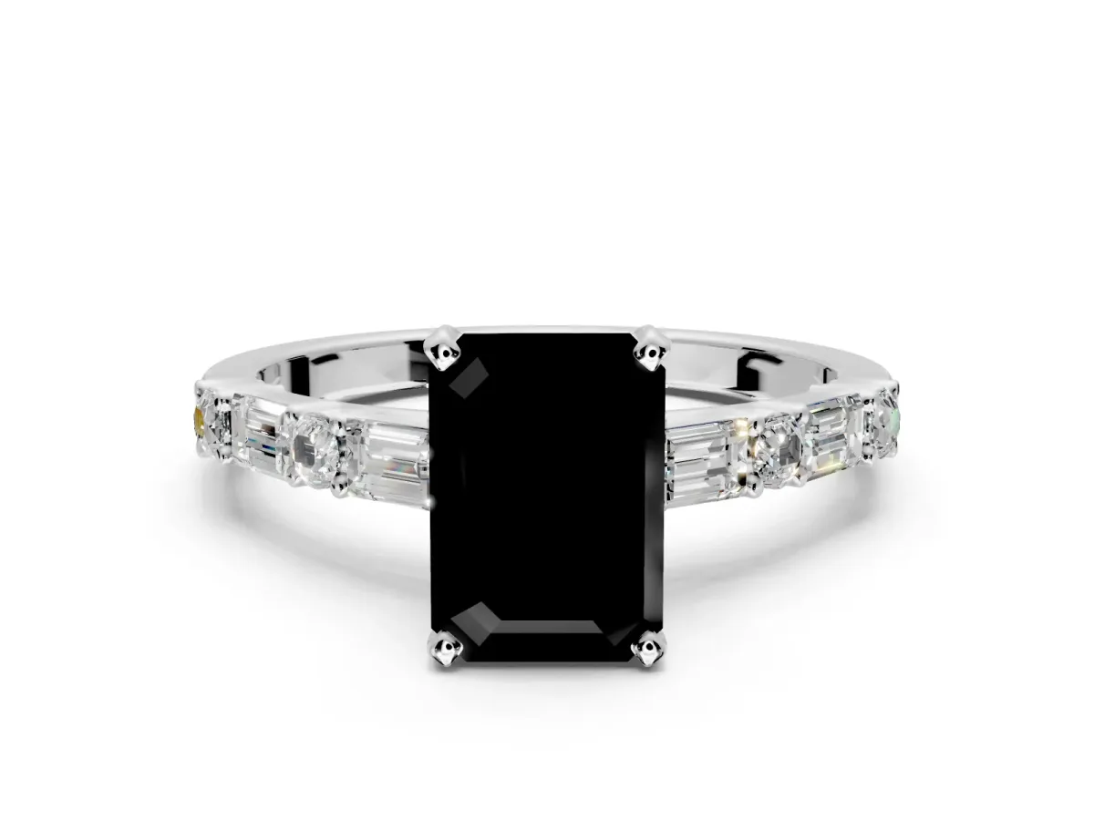 Baguette Engagement Ring Setting for Fancy Black Emerald Cut Center with Alternating Bar-Set Band and Prong Head in Platinum
