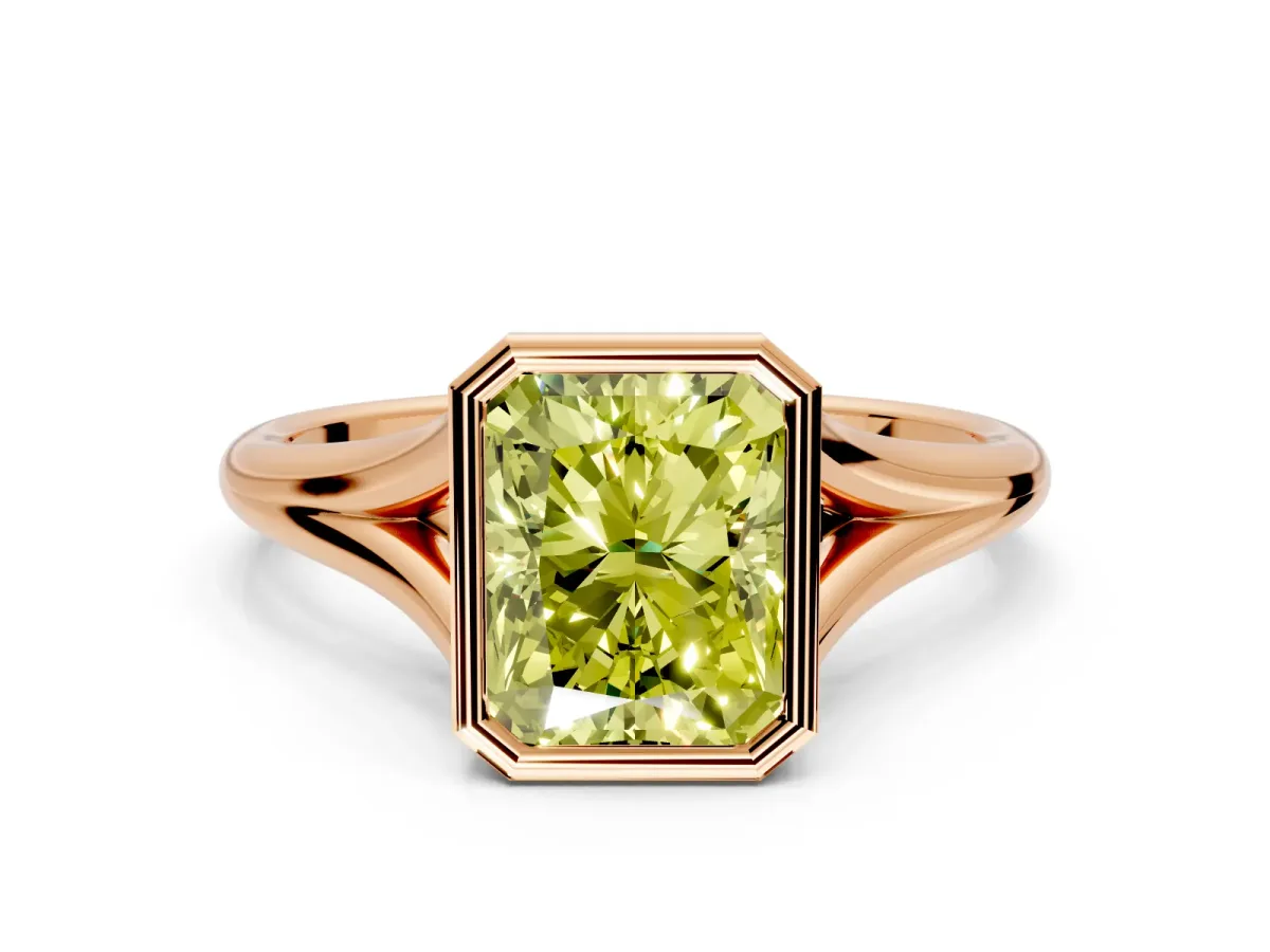 Solitaire Engagement Ring Setting for Fancy Yellow Radiant Cut Center with V Split Shank and Bezel Head in Rose Gold