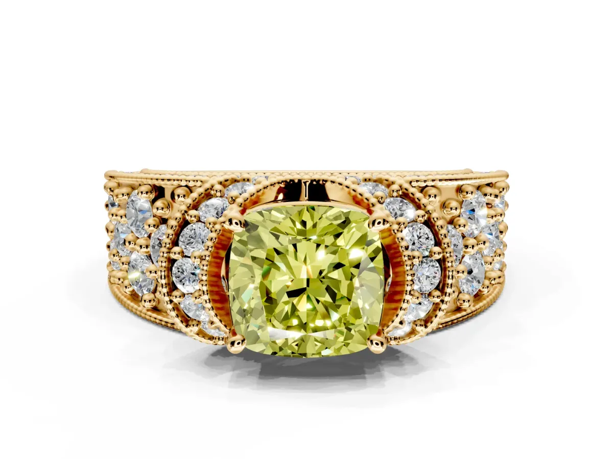 Pave Engagement Ring Setting for Fancy Yellow Cushion Cut Center with Curved Accent Rows, Openwork and Prong Head in Yellow Gold