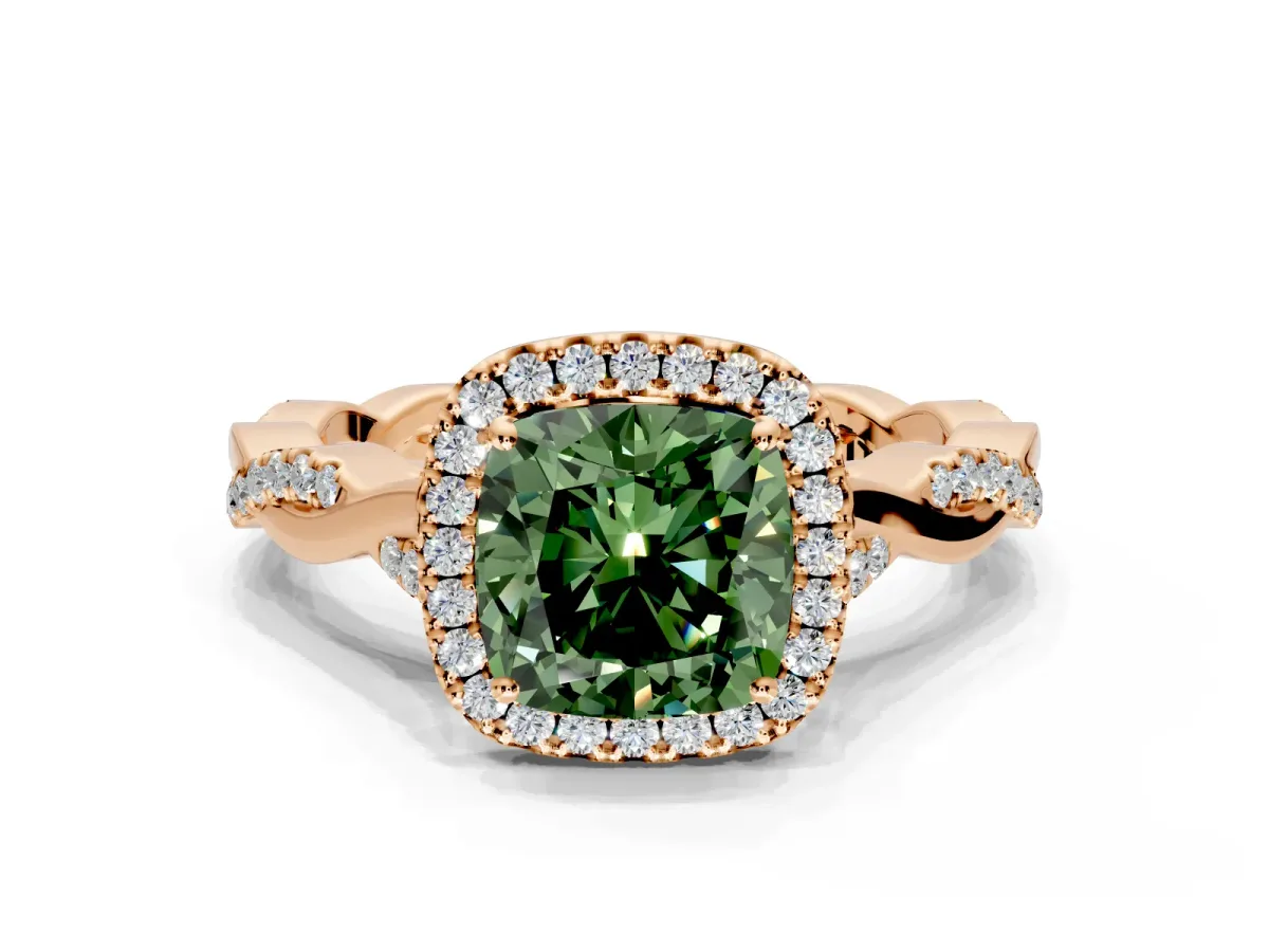 Halo Engagement Ring Setting for Fancy Green Cushion Cut Center with Twist Band and Prong Head in Rose Gold