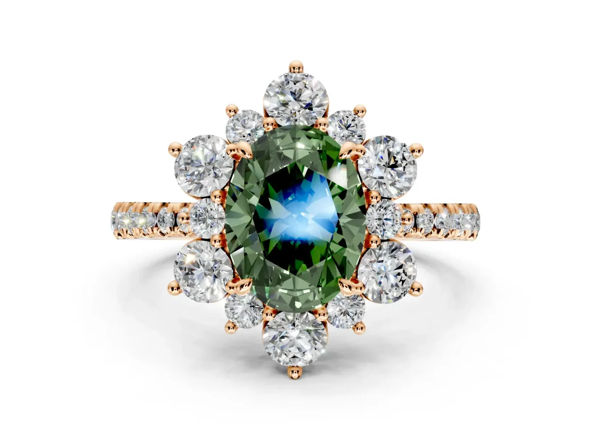 Floral Halo Engagement Ring Setting for Fancy Green Oval Center with Pave Accents and Prong Head in Rose Gold