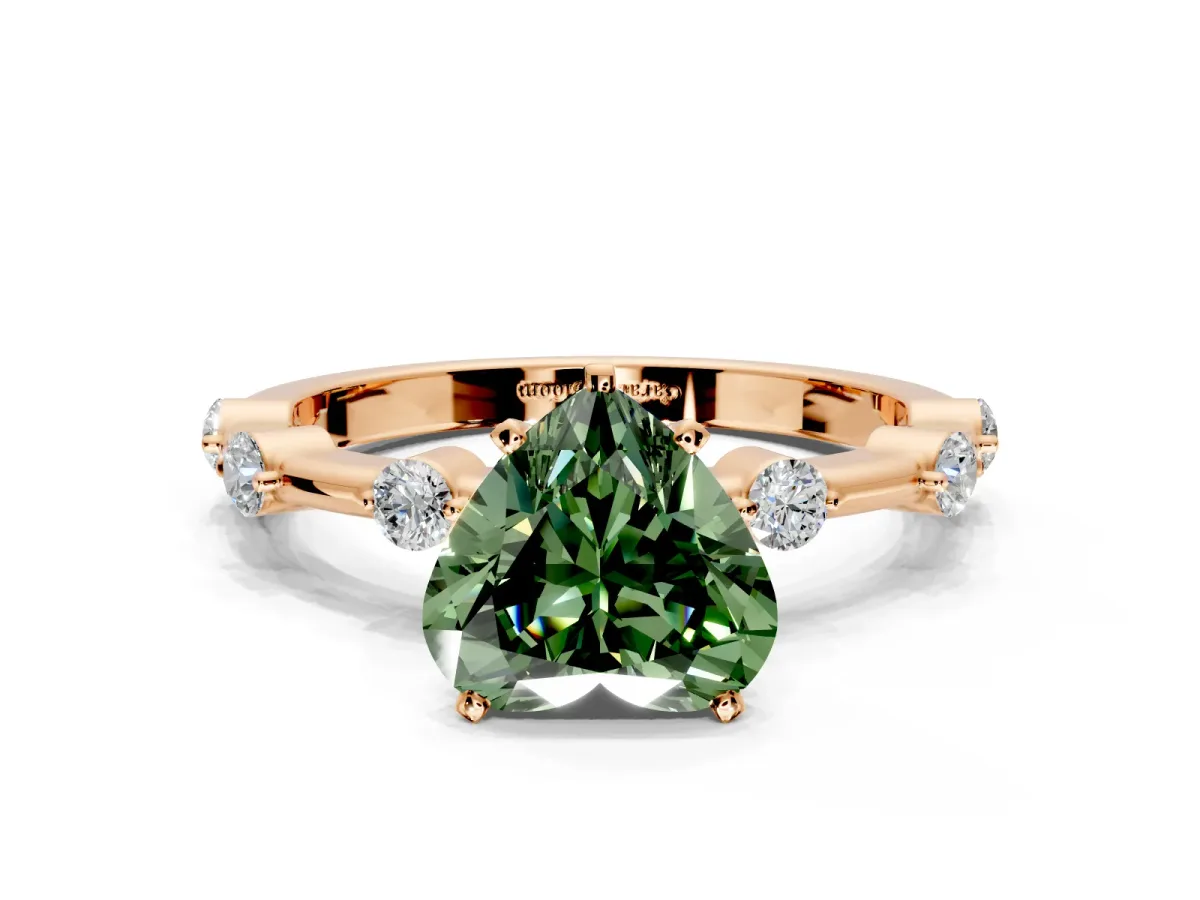 Solitaire Engagement Ring Setting for Fancy Green Heart-Shaped Center with Bezel Station Band and Prong Head in Rose Gold