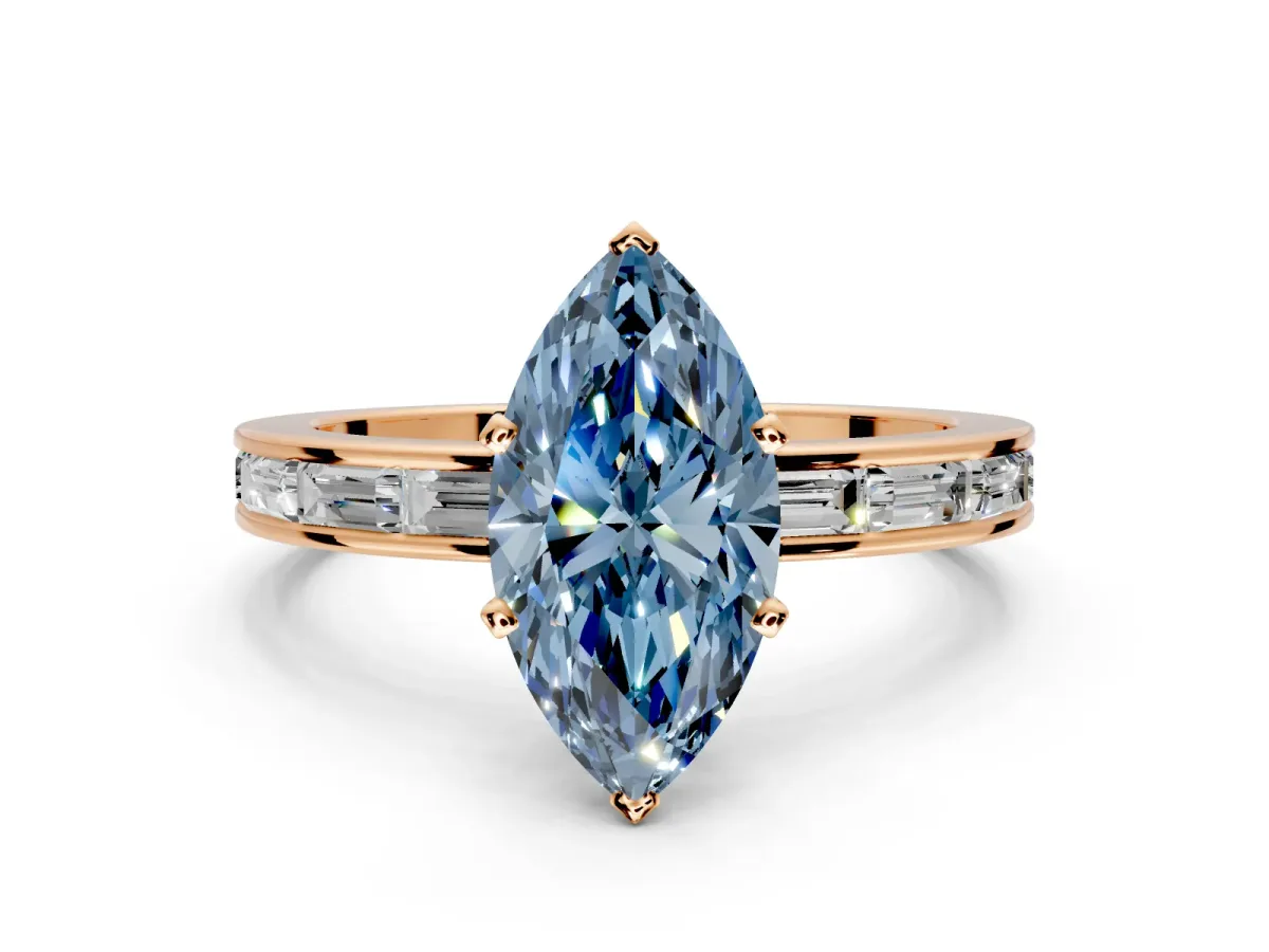 Solitaire Engagement Ring Setting for Fancy Blue Marquise Center with Channel Baguette Band and Prong Head in Rose Gold