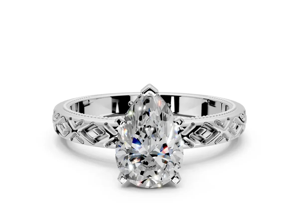 Solitaire Engagement Ring Setting for Pear-Shaped Center with Milgrain X Pattern Band and Prong Head in White Gold