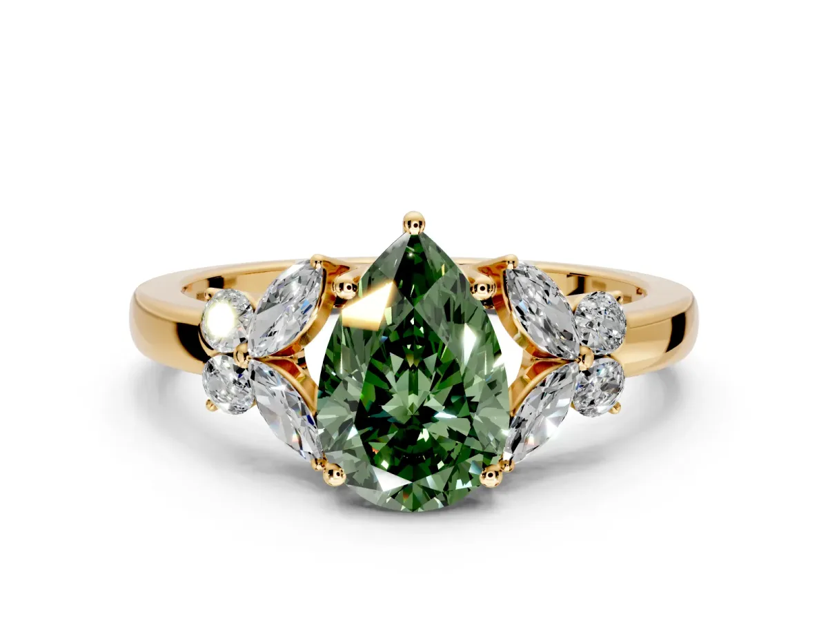 Solitaire Engagement Ring Setting for Fancy Green Pear-Shaped Center with Marquise Flower Shoulders and Prong Head in Yellow Gold