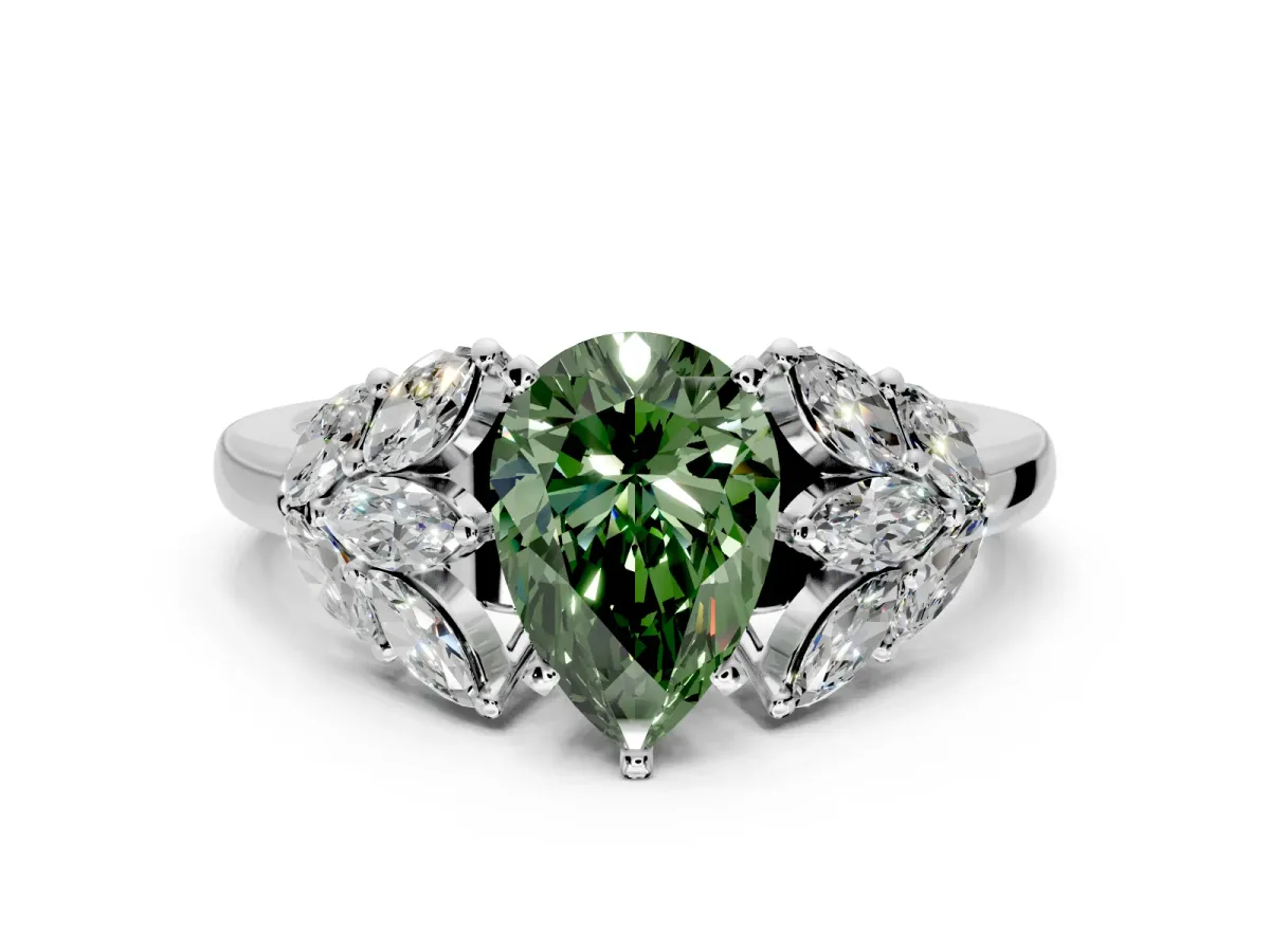 Leaf Cluster Engagement Ring Setting for Fancy Green Pear-Shaped Center with Marquise Accents and Prong Head in Sterling Silver