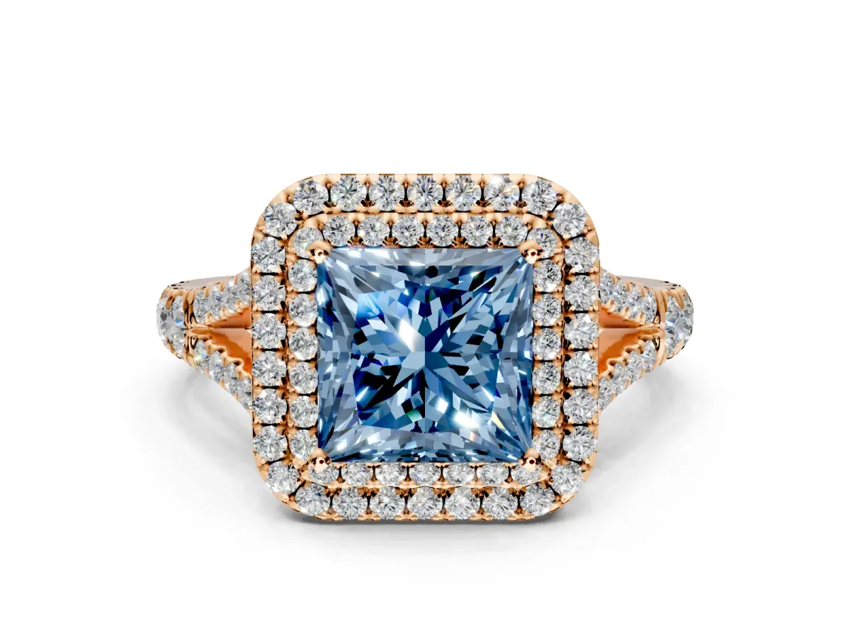 Double Halo Engagement Ring Setting for Fancy Blue Princess Cut Center with Narrow Pave Split Shank and Prong Head in Rose Gold