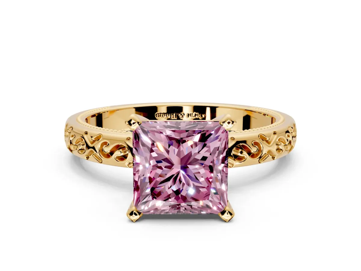 Solitaire Engagement Ring Setting for Fancy Pink Princess Cut Center with Scrollwork Band and Prong Head in Yellow Gold