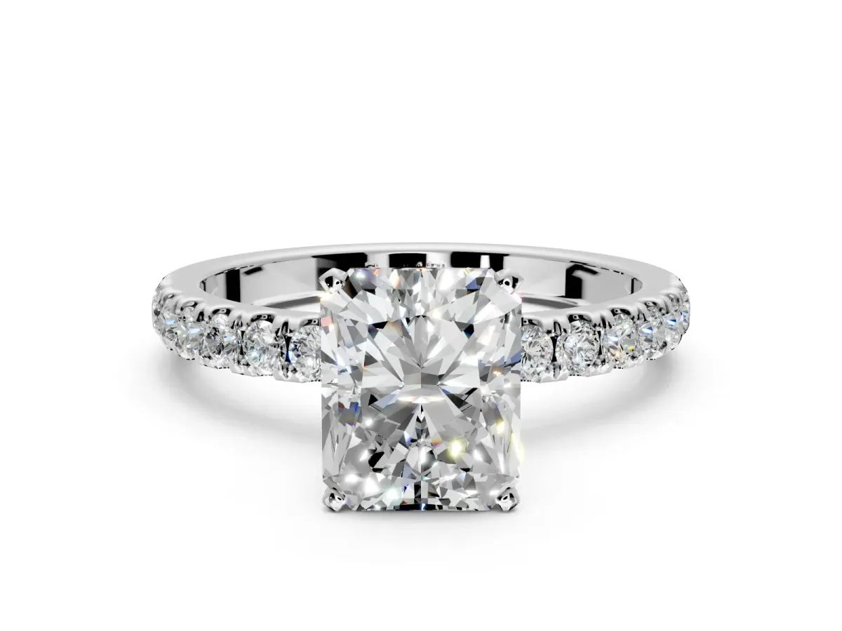 Open Basket Engagement Ring Setting for Radiant Cut Center with Pave Band and Prong Head in White Gold