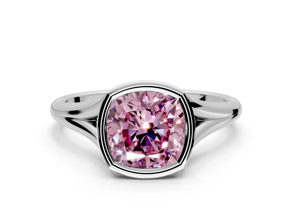 Solitaire Engagement Ring Setting for Fancy Pink Cushion Cut Center with V Split Shank and Bezel Head in Sterling Silver