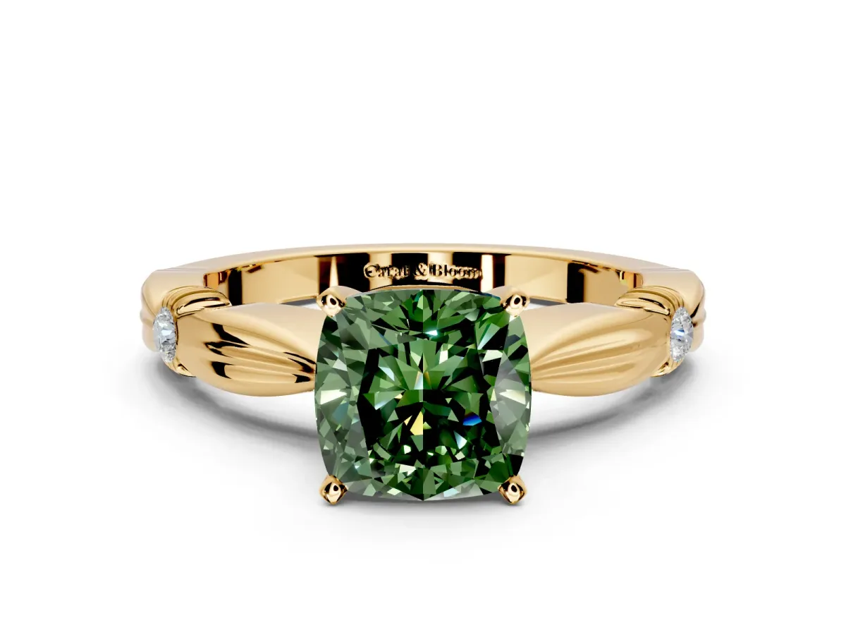Solitaire Engagement Ring Setting for Fancy Green Cushion Cut Center with Carved Leaf Shoulders and Prong Head in Yellow Gold