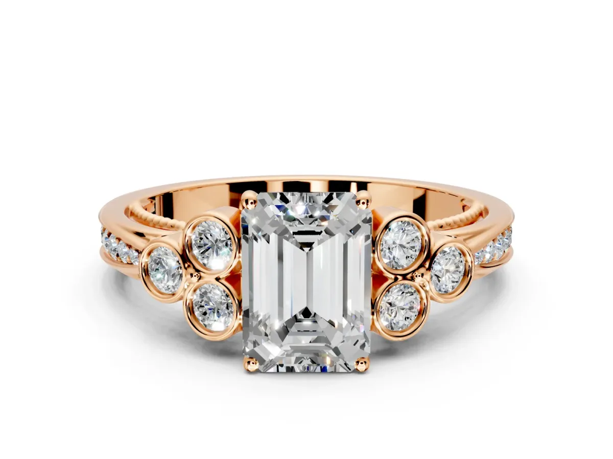 Cluster Engagement Ring Setting for Emerald Cut Center with Bezel Accent Clusters and Prong Head in Rose Gold