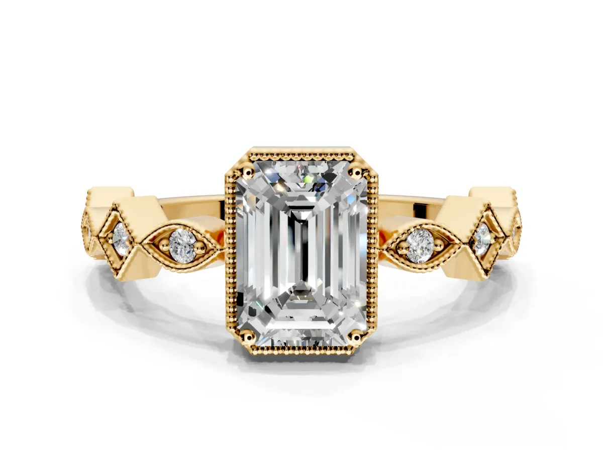 Milgrain Bezel Engagement Ring Setting for Emerald Cut Center with Marquise Stations and Bezel Head in Yellow Gold